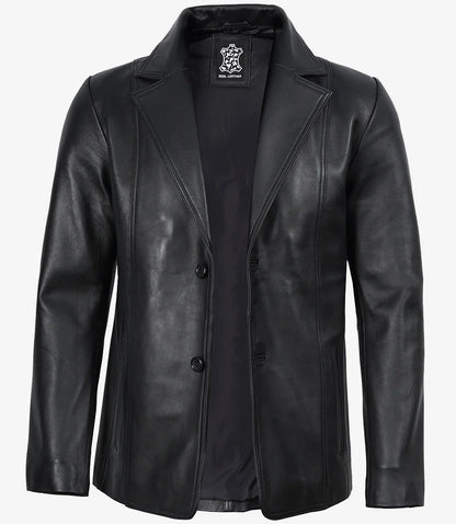 Mens Real Leather 2 Button Black Leather Blazer - Notch Lapel