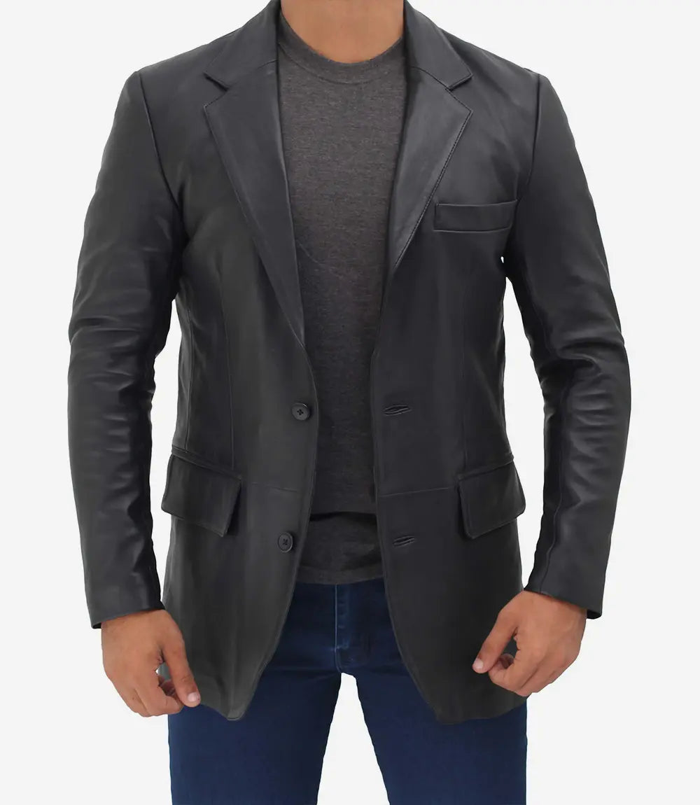 Mens Notch Lapel 2 Buttons Black Lambskin Leather Blazer