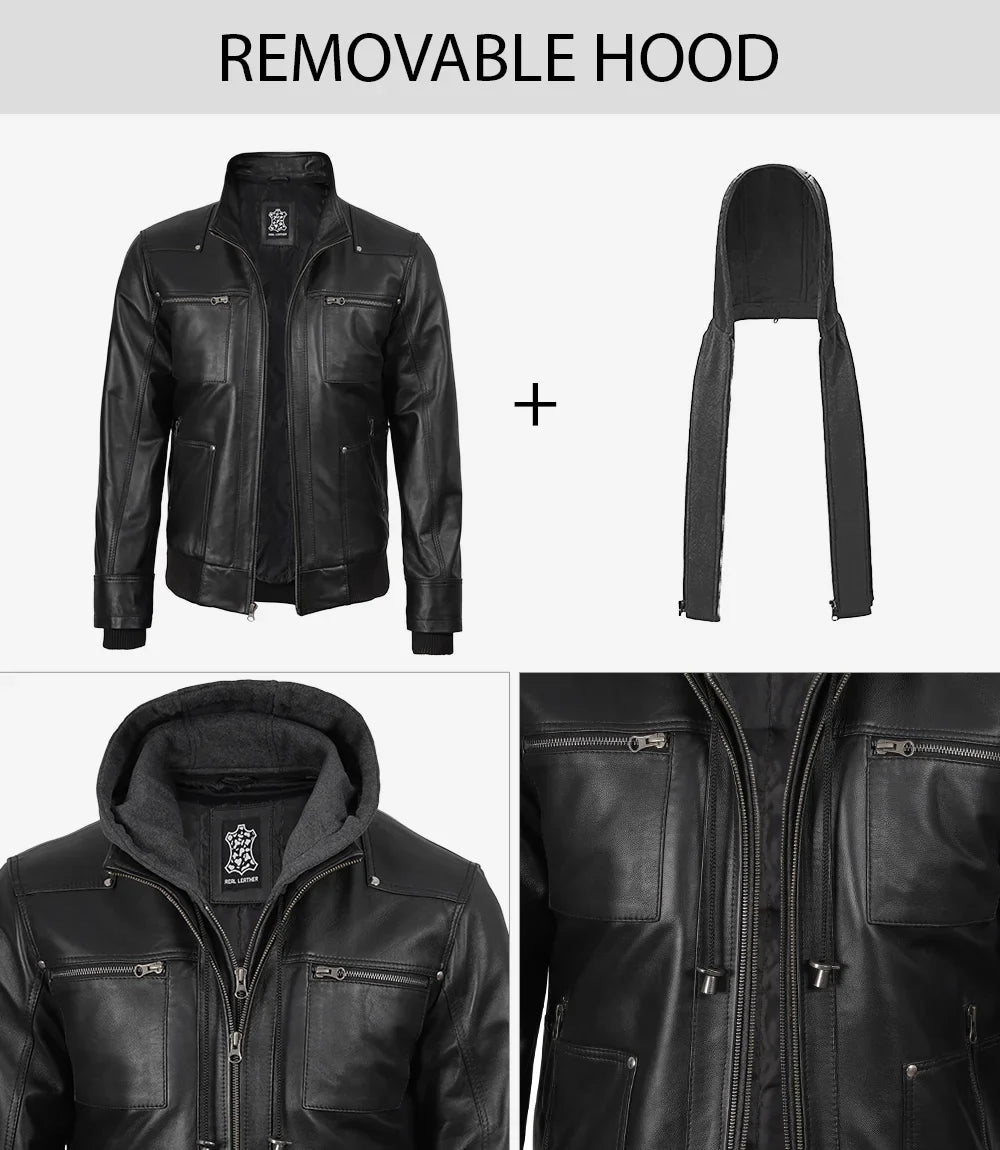 Mens Black Bomber Leather Jacket with Removable Hood