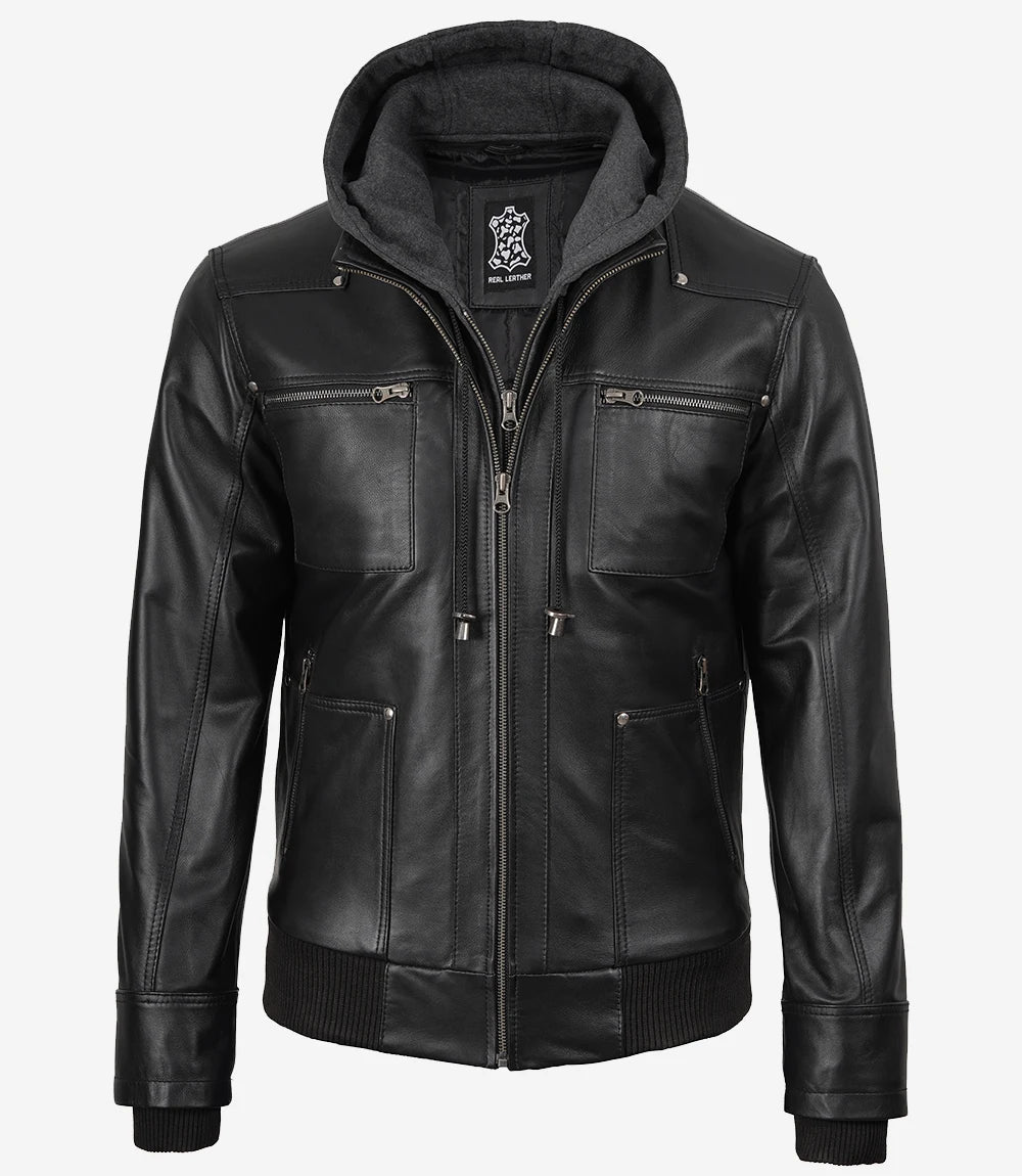 Mens Black Bomber Leather Jacket with Removable Hood