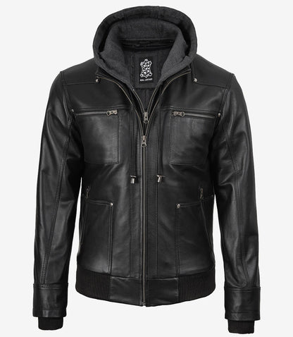 Mens Black Bomber Leather Jacket with Removable Hood