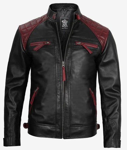 Men's Black and Maroon Biker Style Leather Jacket - Quilted Shoulder