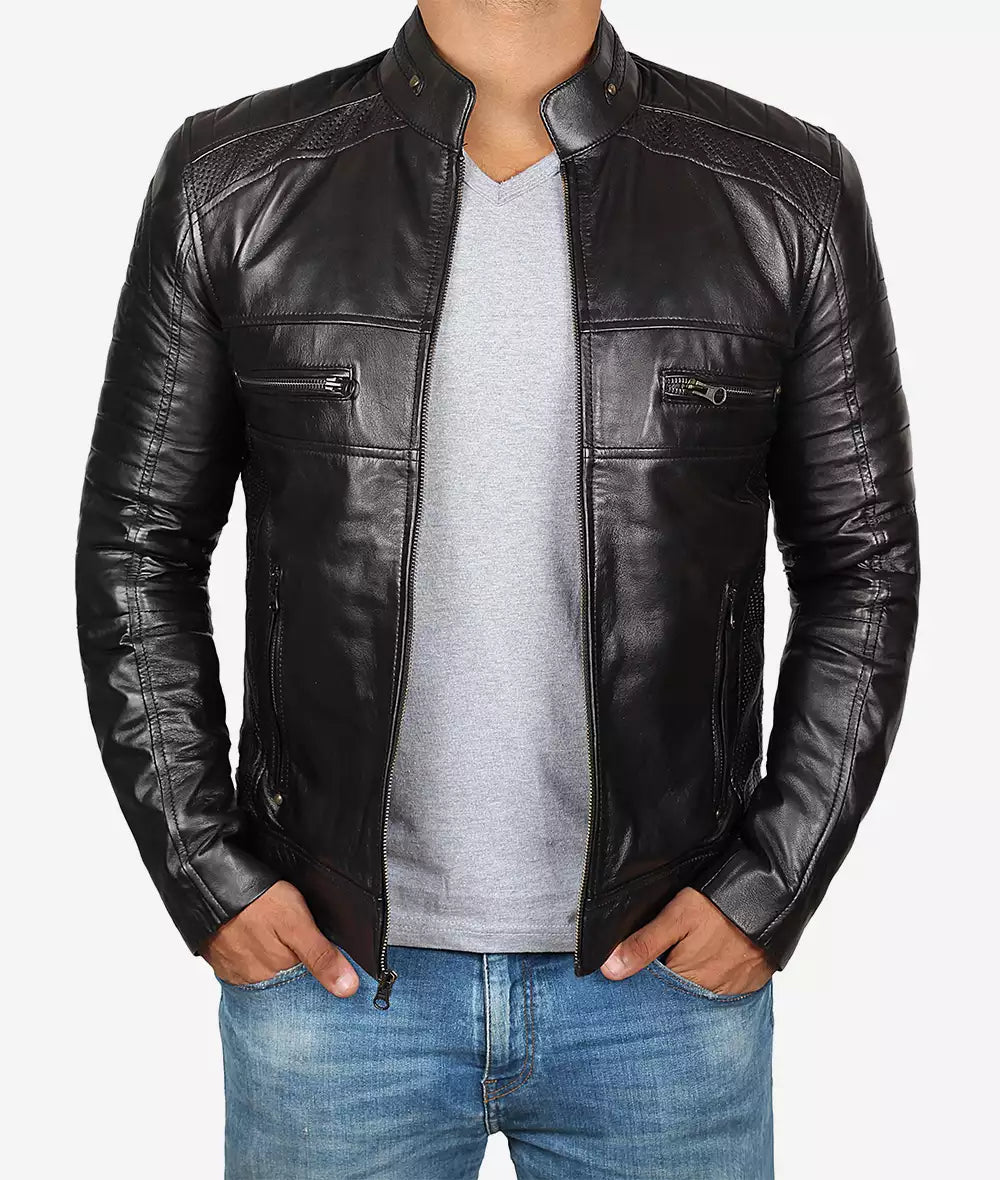 Men's Tall Biker Style Black Leather Jacket