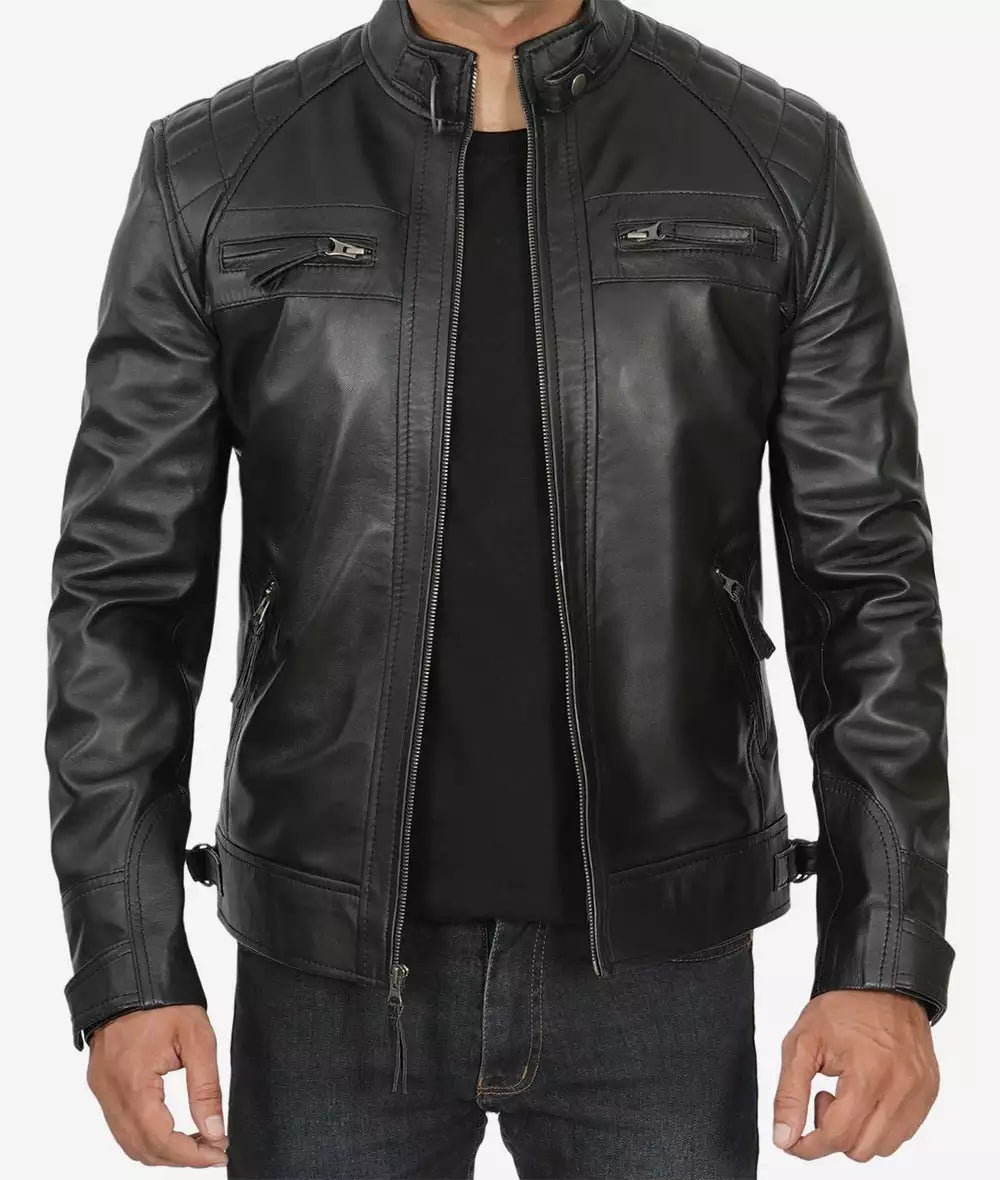 Men's Tall Quilted Shoulder Black Biker Style Leather Jacket