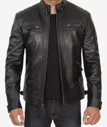 Men's Tall Quilted Shoulder Black Biker Style Leather Jacket