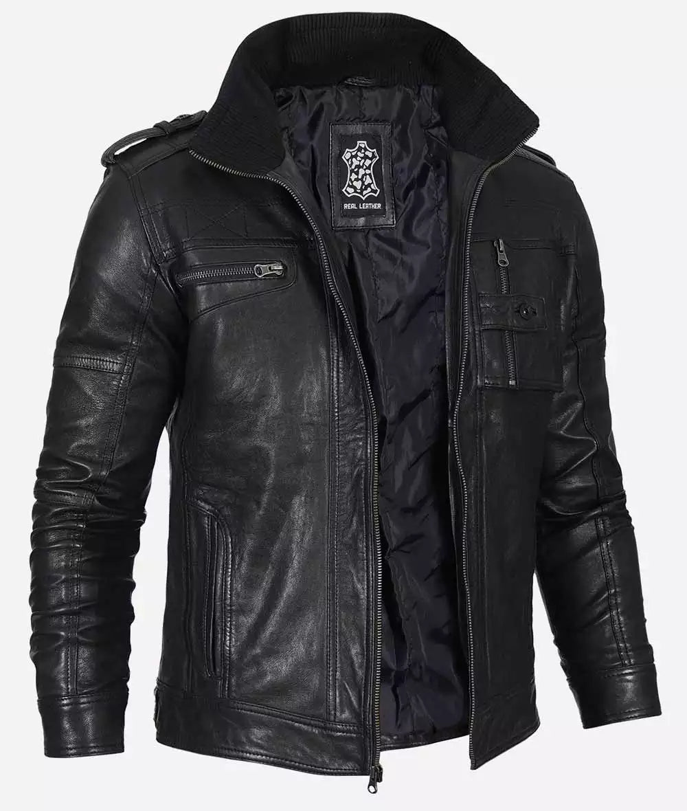 Men's Black Washed Leather Biker Style Jacket