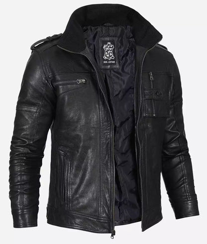 Men's Black Washed Leather Biker Style Jacket