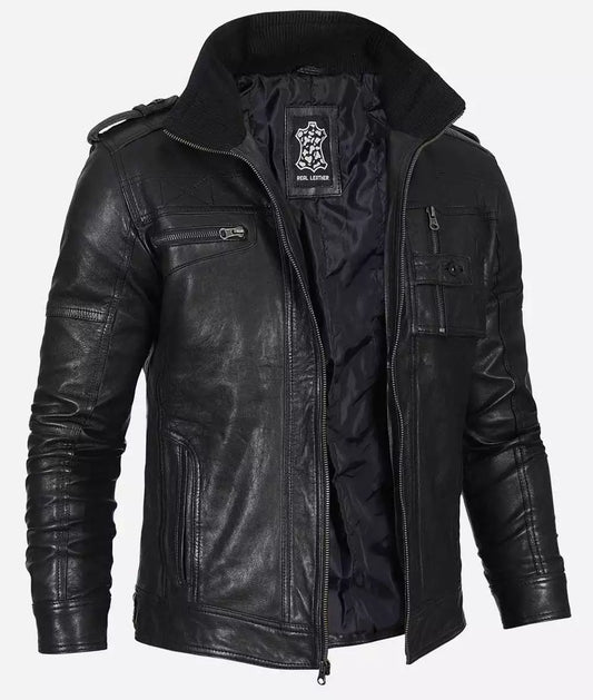 Men's Black Washed Leather Biker Style Jacket