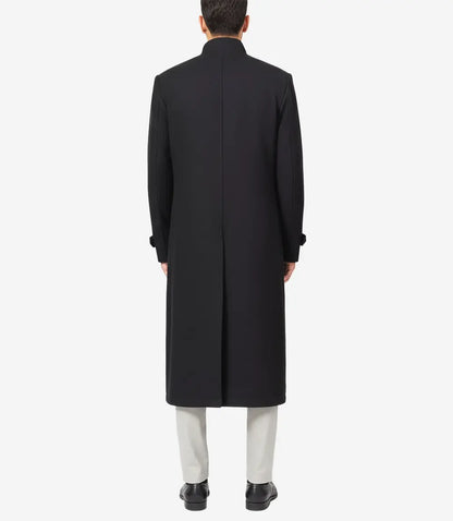 McGhee Men's Erect Collar Black Wool Trench Coat