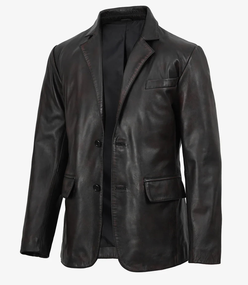 Men's Black Leather Blazer, Maroon Distressed Lambskin