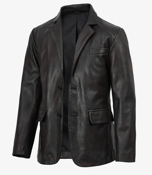 Men's Black Leather Blazer, Maroon Distressed Lambskin
