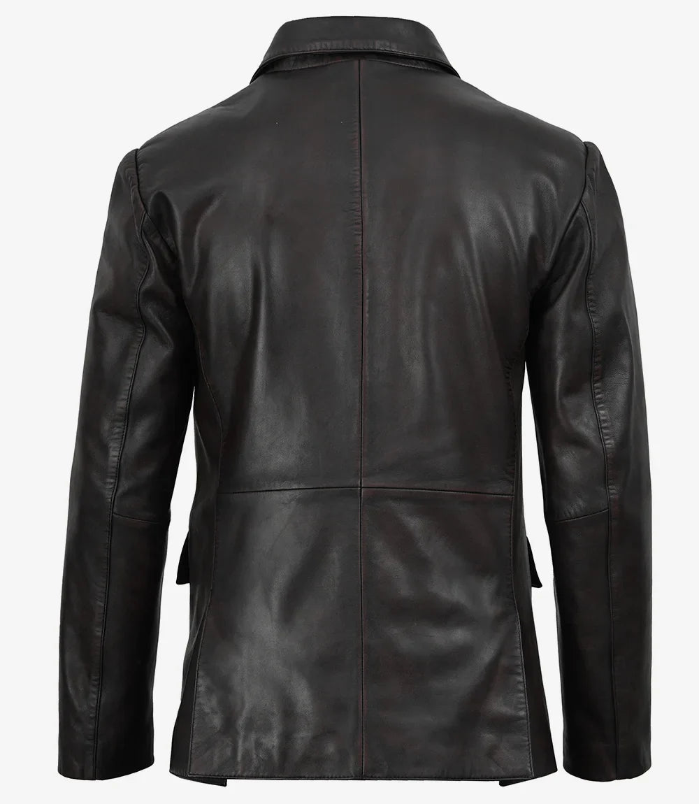 Men's Black Leather Blazer, Maroon Distressed Lambskin