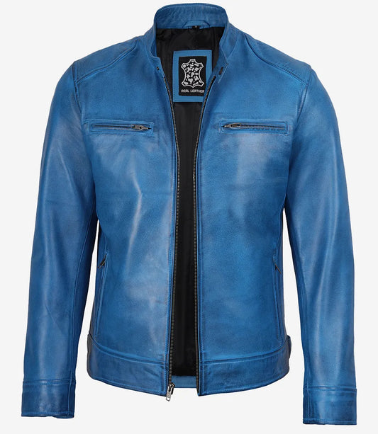 Mens Real Leather Distressed Blue Biker Style Jacket