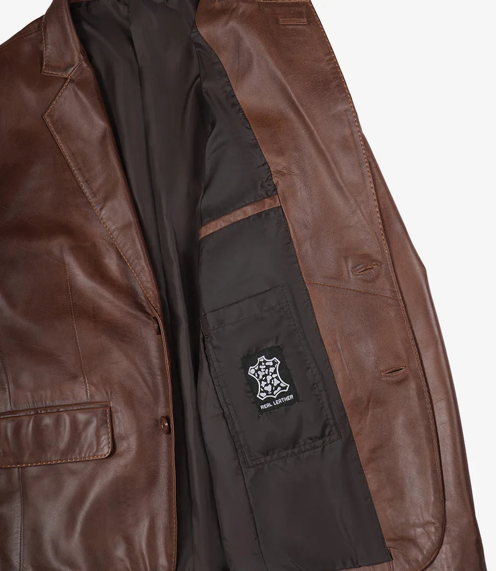 Mens Two Button Cognac Waxed Leather Blazer - Notch Lapel