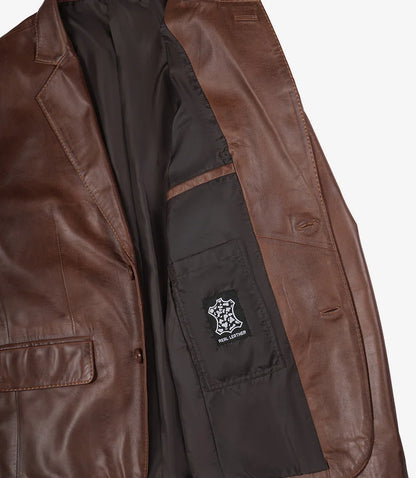 Mens Two Button Cognac Waxed Leather Blazer - Notch Lapel