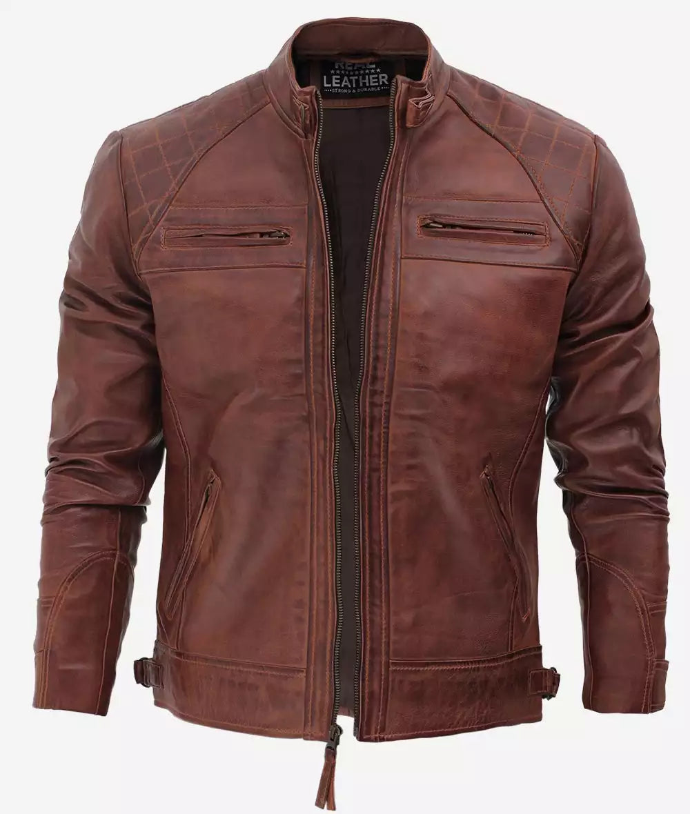 Men's Cafe Racer Cognac Leather Jacket - Quilted Shoulder Max Jackets