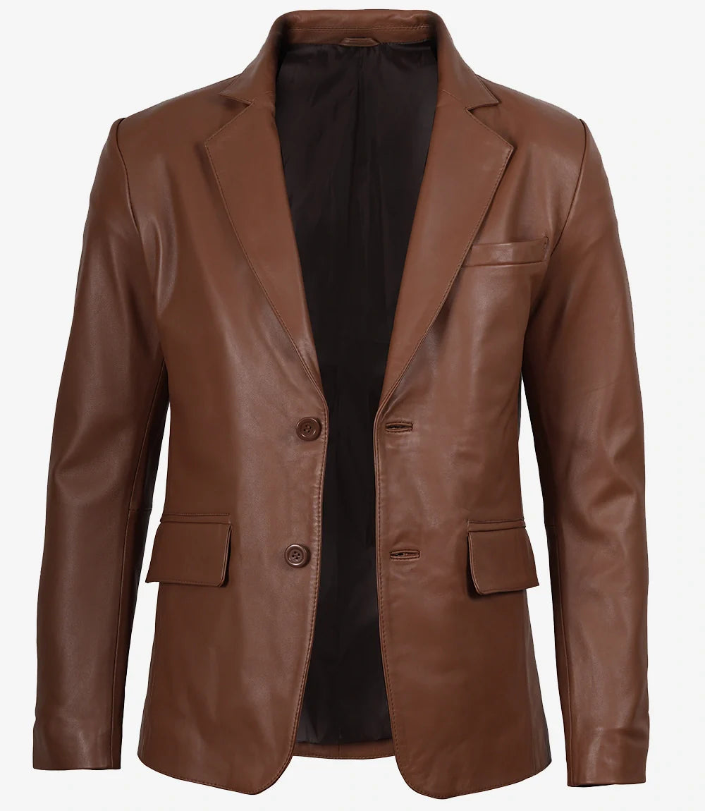 Mens Tall Two Buttons Cognac Leather Blazer