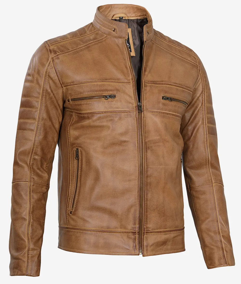 Men's Cafe Racer Camel Brown Leather Jacket Max Jackets