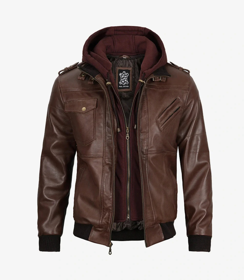Men's Dark Brown Bomber Leather Jacket with Removable Hood