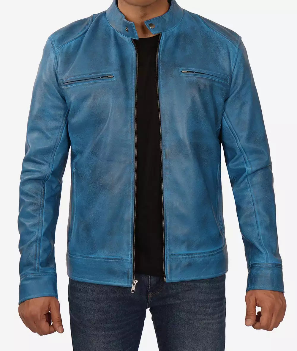 Mens Real Lambskin Leather Blue Cafe Racer Jacket Max Jackets