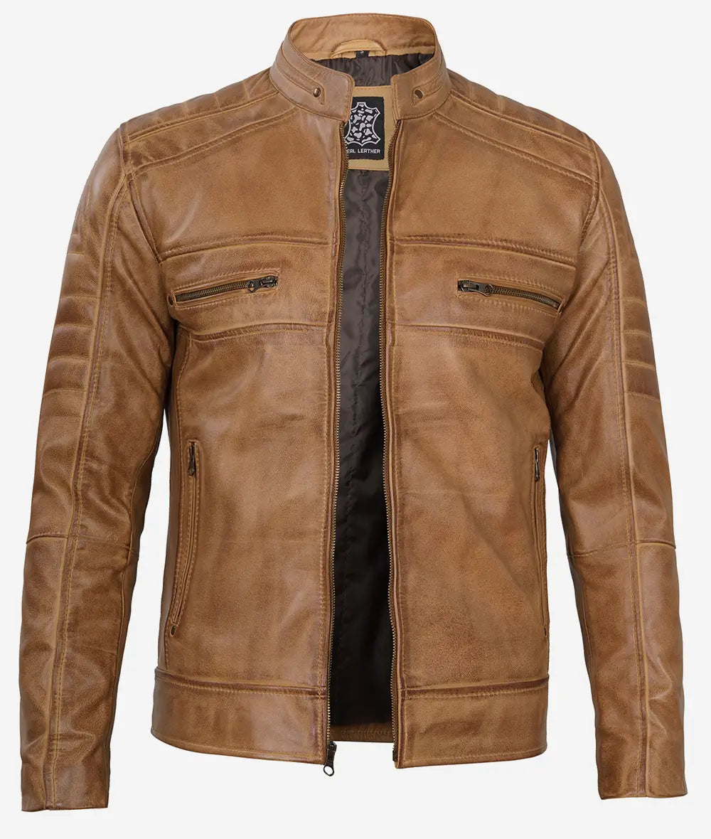 Men's Cafe Racer Camel Brown Leather Jacket Max Jackets