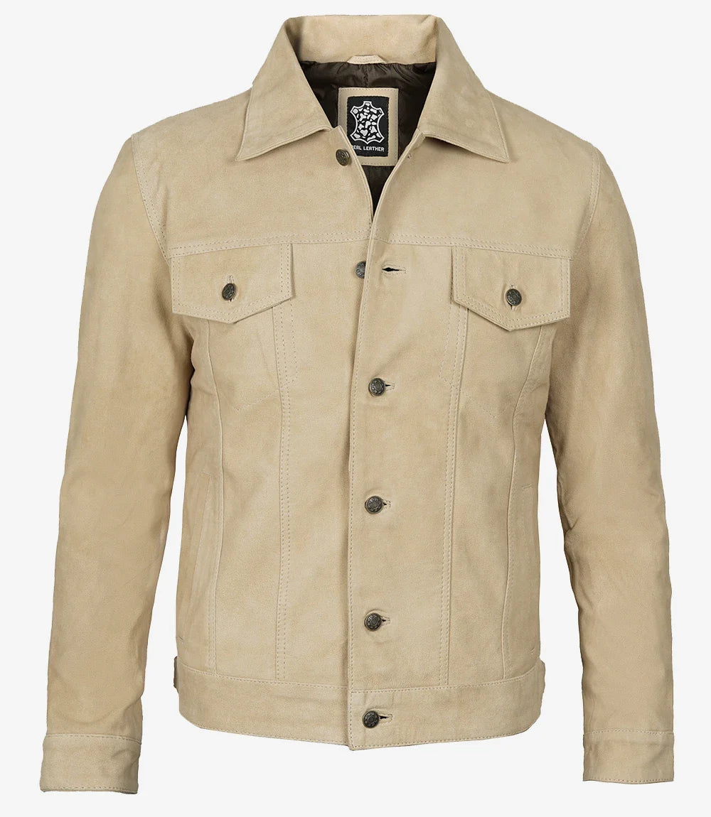 Men's Classic Camel Suede Trucker Style Jacket