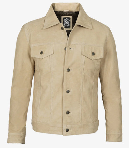 Men's Classic Camel Suede Trucker Style Jacket
