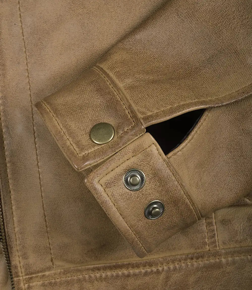 Mens Yellow Waxed Shirt Collar Harrington Leather Jacket