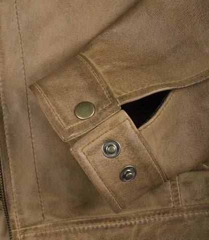 Mens Yellow Waxed Shirt Collar Harrington Leather Jacket