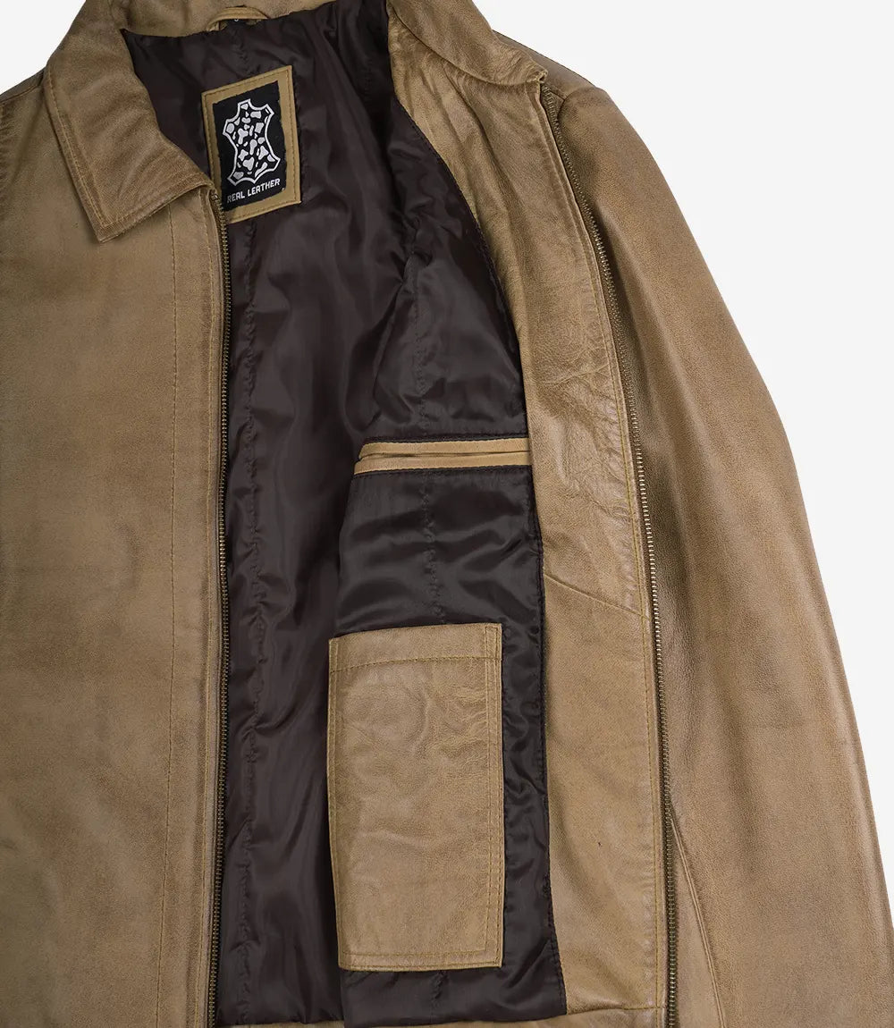 Mens Yellow Waxed Shirt Collar Harrington Leather Jacket