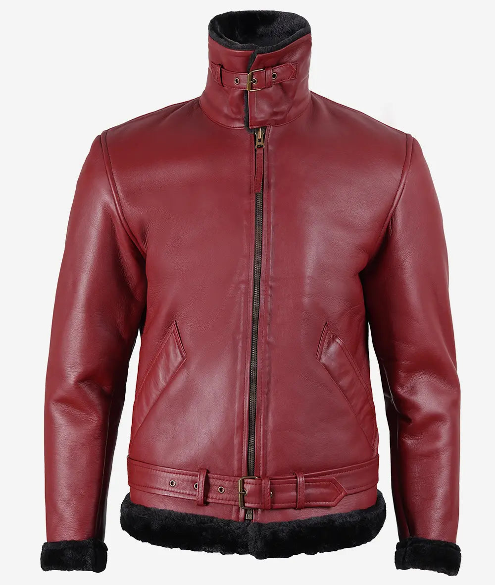 Men's Maroon Leather Shearling Bomber Jacket Max Jackets