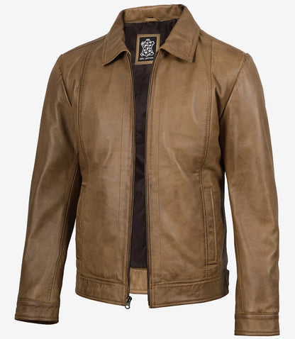 Mens Yellow Waxed Shirt Collar Harrington Leather Jacket