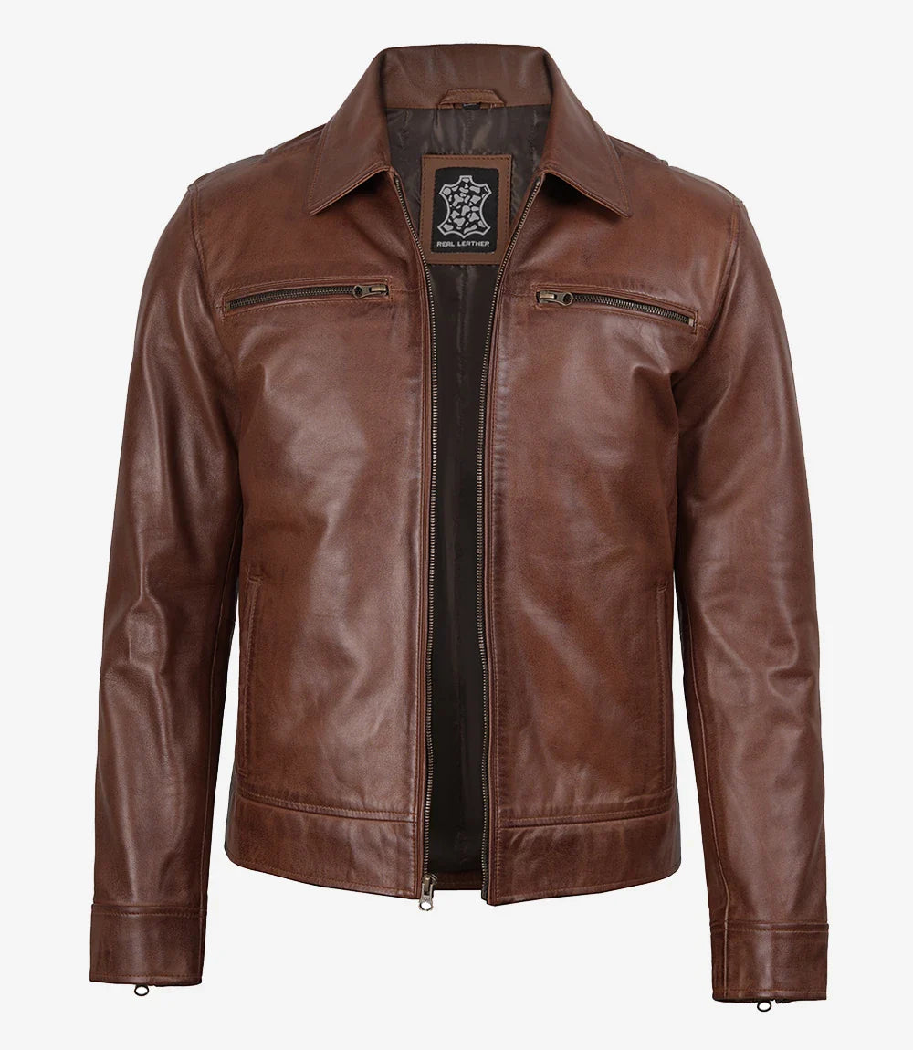 Men's Classic Shirt Collar Cognac Leather Jacket