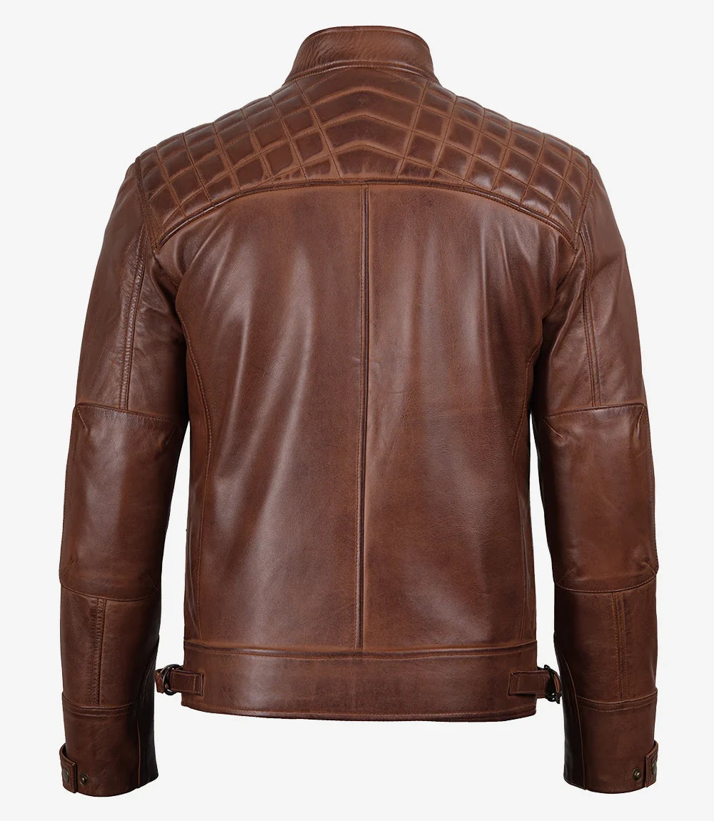Men's Cognac Brown Quilted Biker Style Leather Jacket