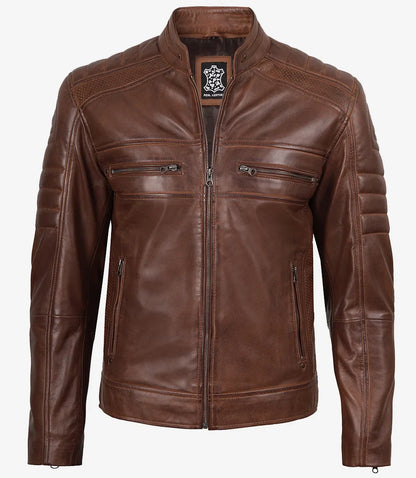 Men's Cognac Cafe Racer Leather Jacket