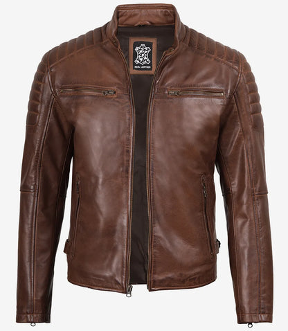 Mens Cognac Waxed Biker Style Leather Jacket