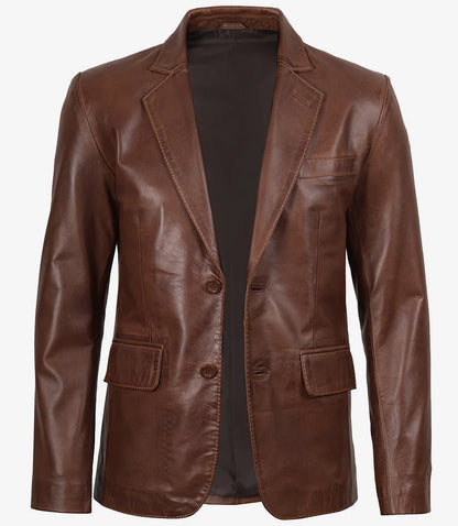 Mens Two Button Cognac Waxed Leather Blazer - Notch Lapel