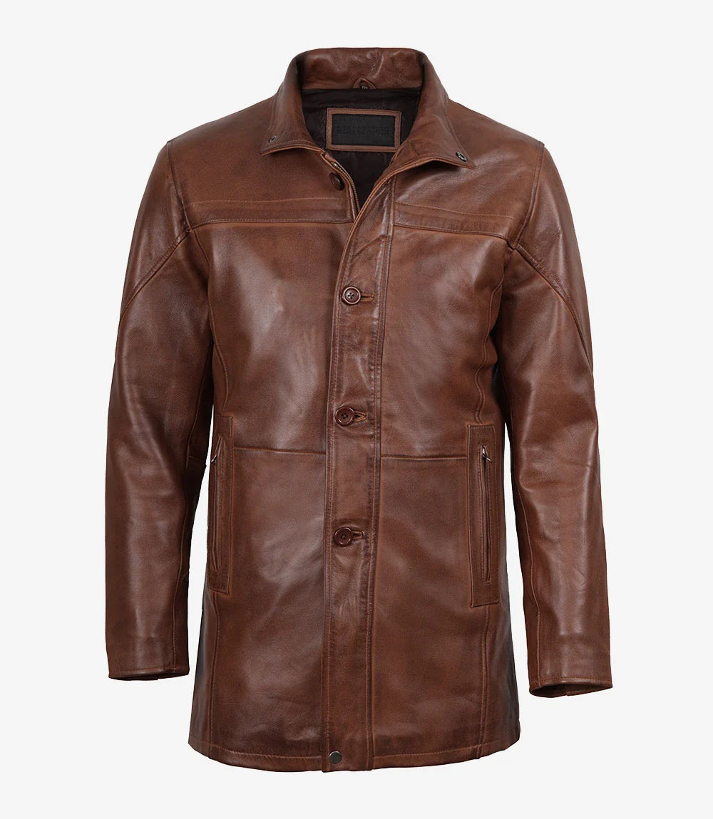 Men's Real Lambskin Leather Cognac Car Coat