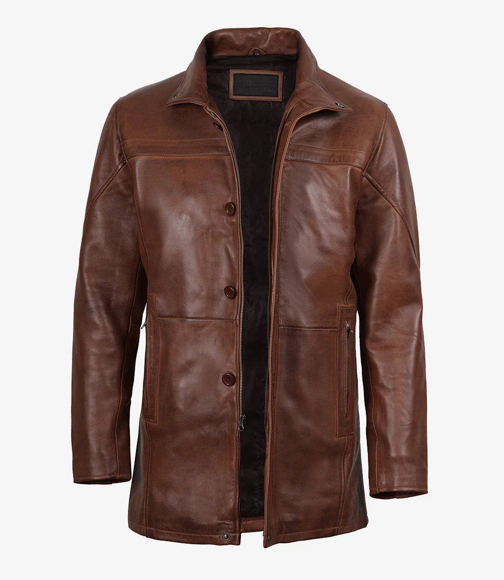 Men's Real Lambskin Leather Cognac Car Coat