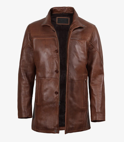 Men's Real Lambskin Leather Cognac Car Coat