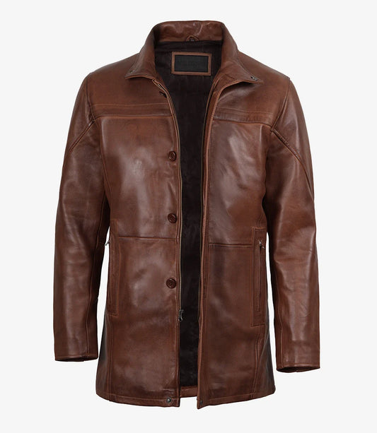 Men's Real Lambskin Leather Cognac Car Coat