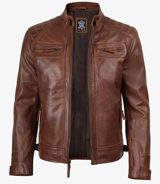 Men's Cognac Brown Quilted Biker Style Leather Jacket