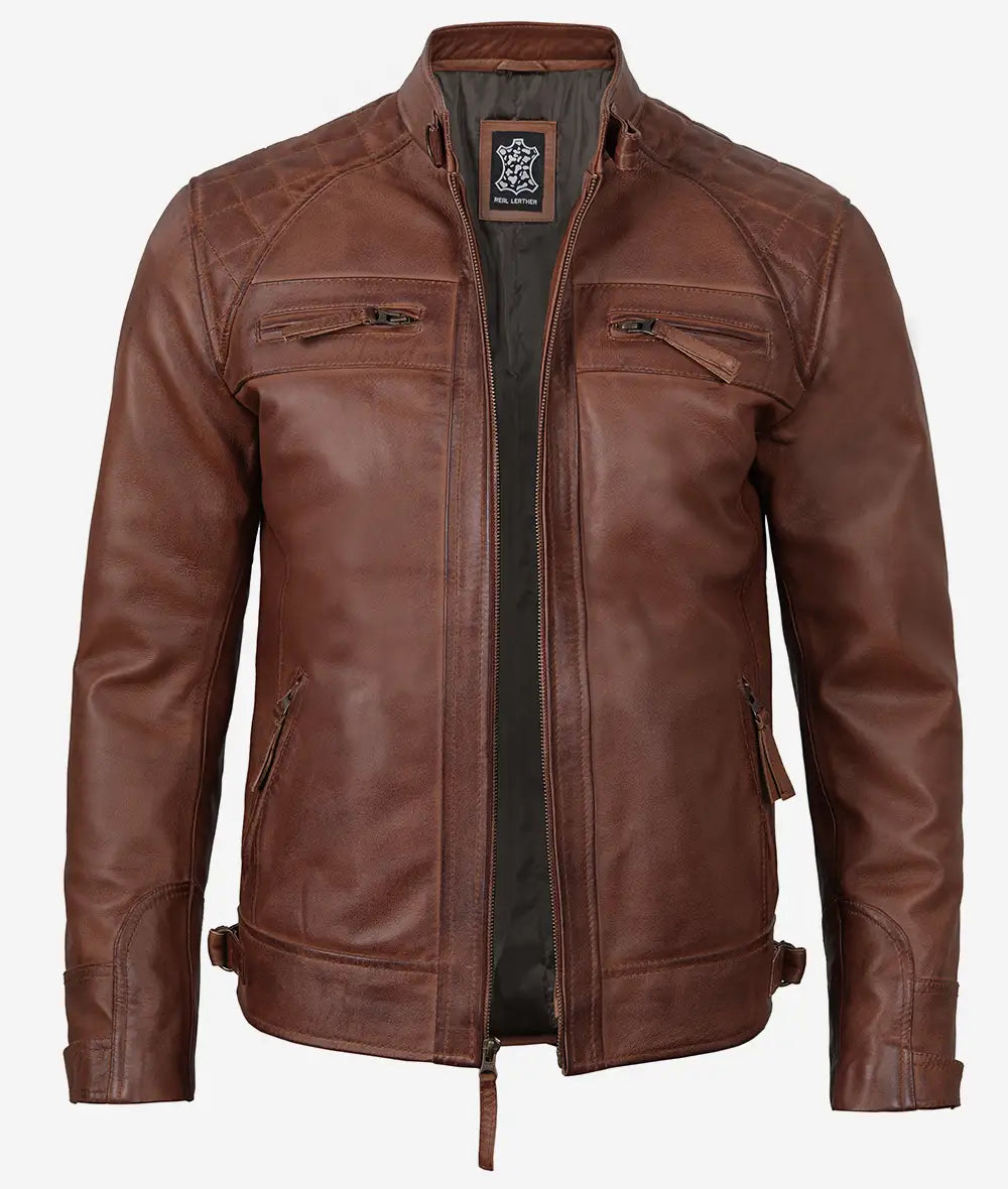 Johnson Mens Tall Cognac Biker Style Quilted Leather Jacket