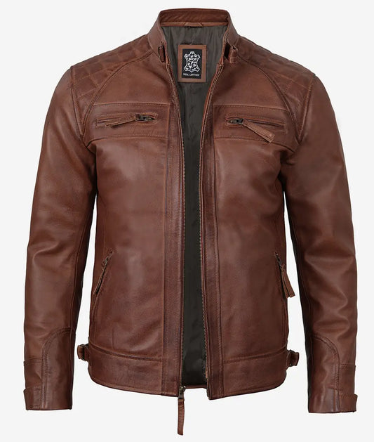 Johnson Mens Tall Cognac Biker Style Quilted Leather Jacket