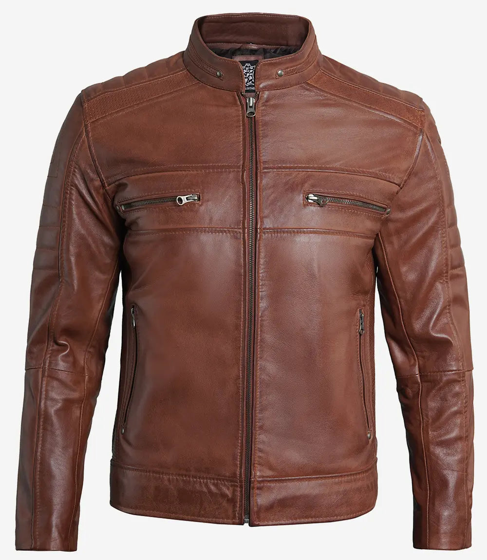 Men's Premium Cognac Cafe Racer Leather Jacket Max Jackets
