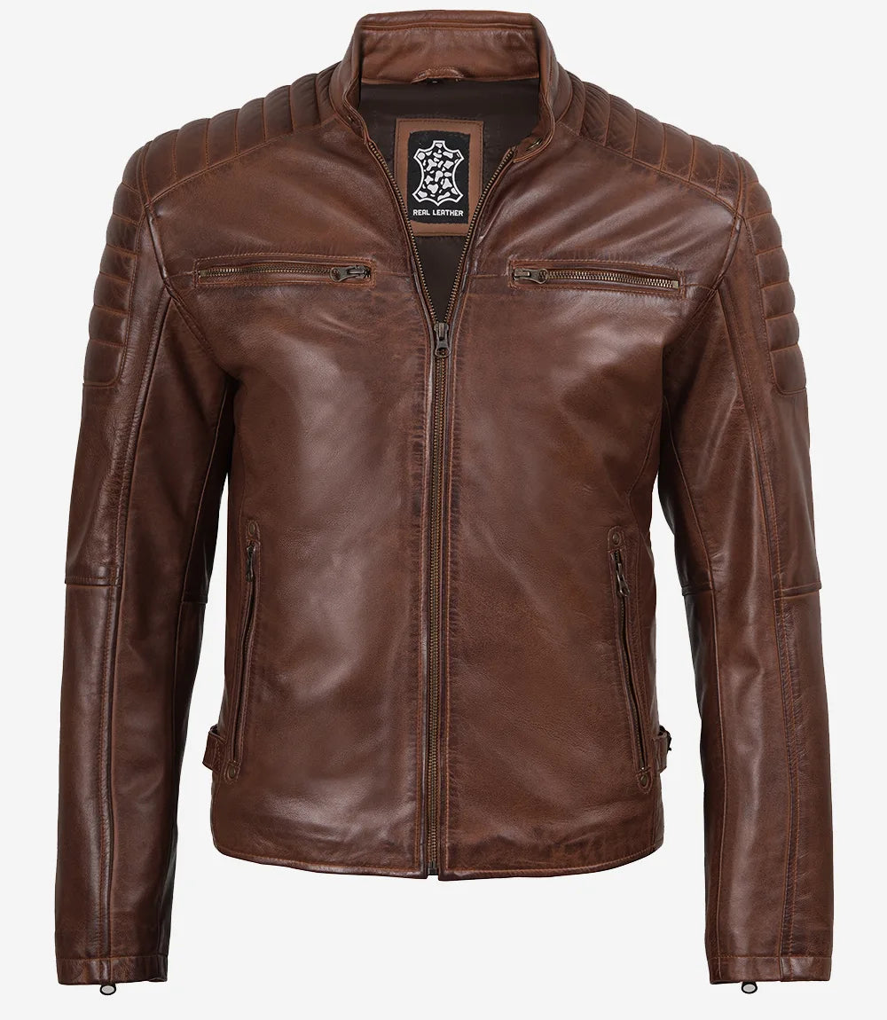 Mens Cognac Waxed Biker Style Leather Jacket