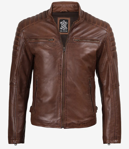 Mens Cognac Waxed Biker Style Leather Jacket