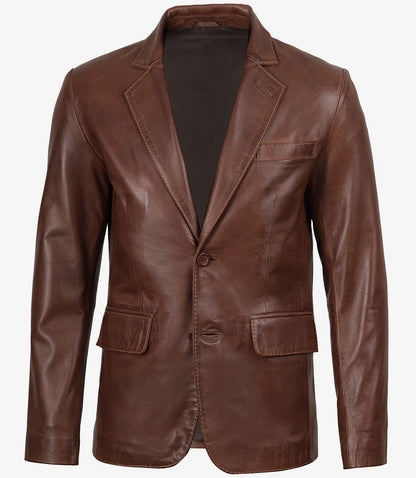 Mens Two Button Cognac Waxed Leather Blazer - Notch Lapel