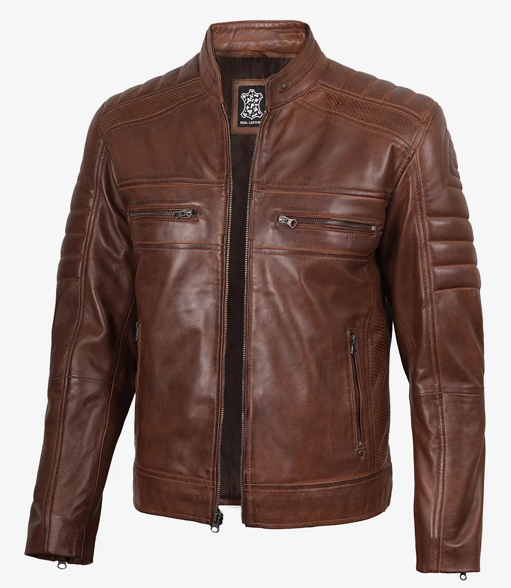 Men's Cognac Cafe Racer Leather Jacket