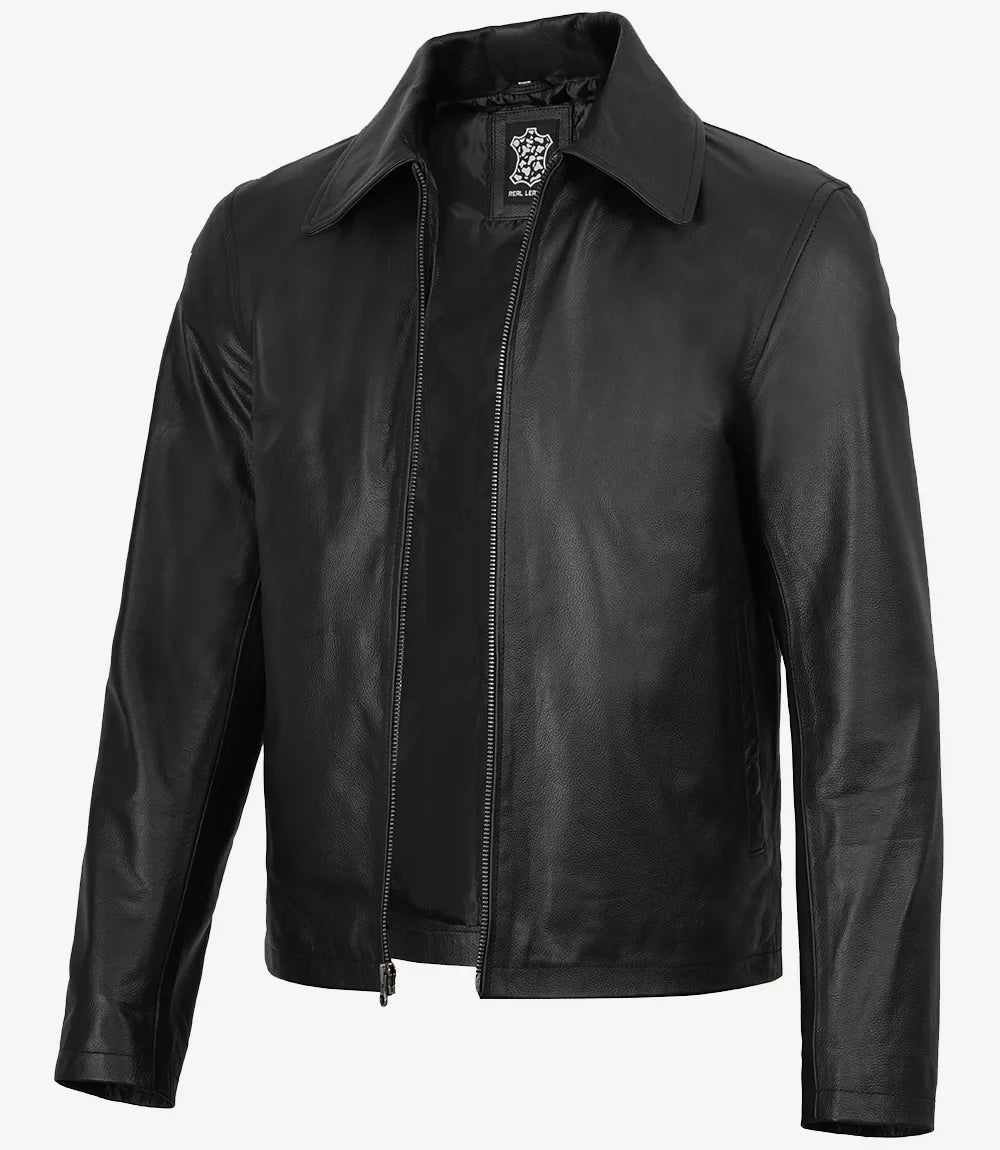 Mens Black Shirt Collar Cowhide Leather Jacket